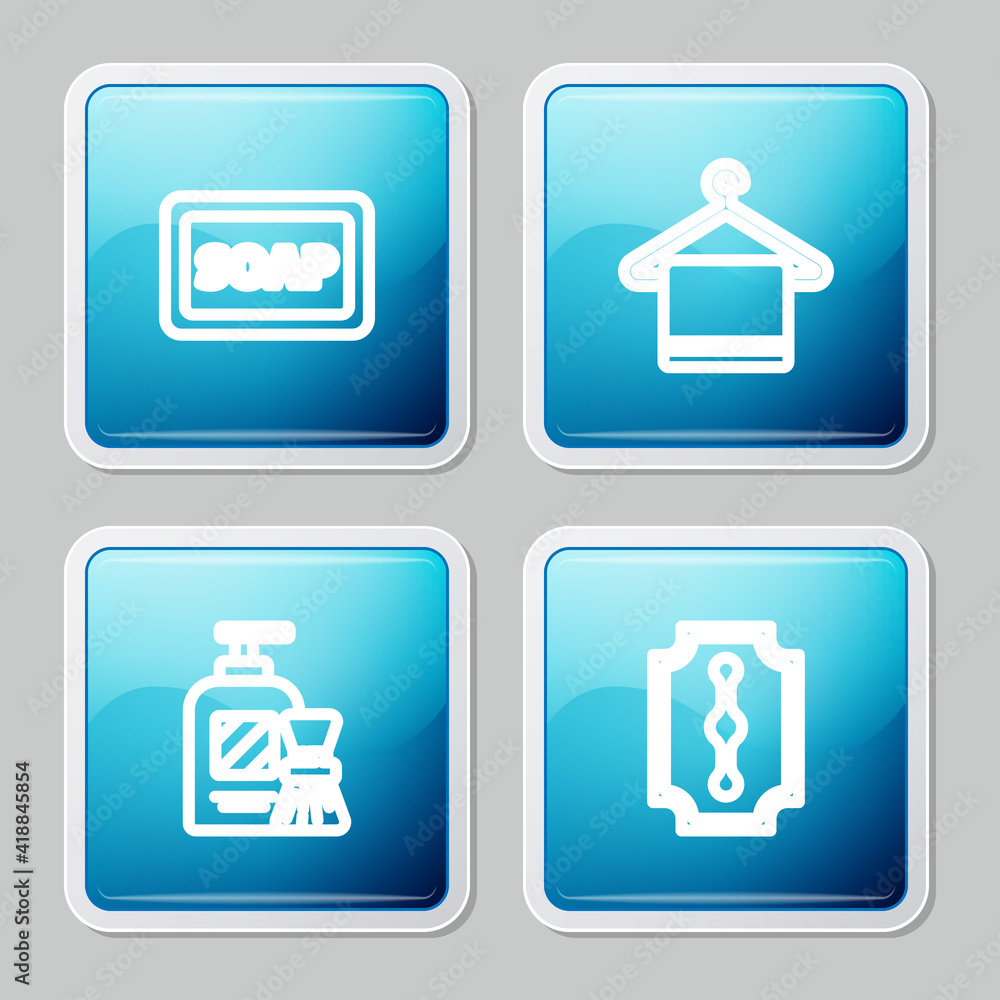 Set line Bar of soap with foam, Towel on hanger, Shaving gel and brush and Blade razor icon. Vector. Set line Bar of soap with foam, Towel on hanger, Shaving gel and brush and Blade razor icon. Vector.