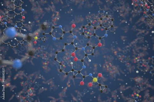 Paritaprevir molecule. Ball-and-stick molecular model. Chemistry related 3d rendering