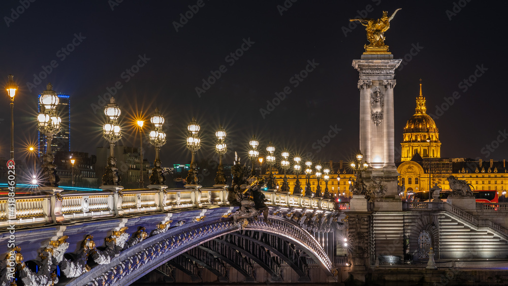 Beautiful view of Pont Alexandre III, bridge with golden sculptures and street lamps, Paris, France