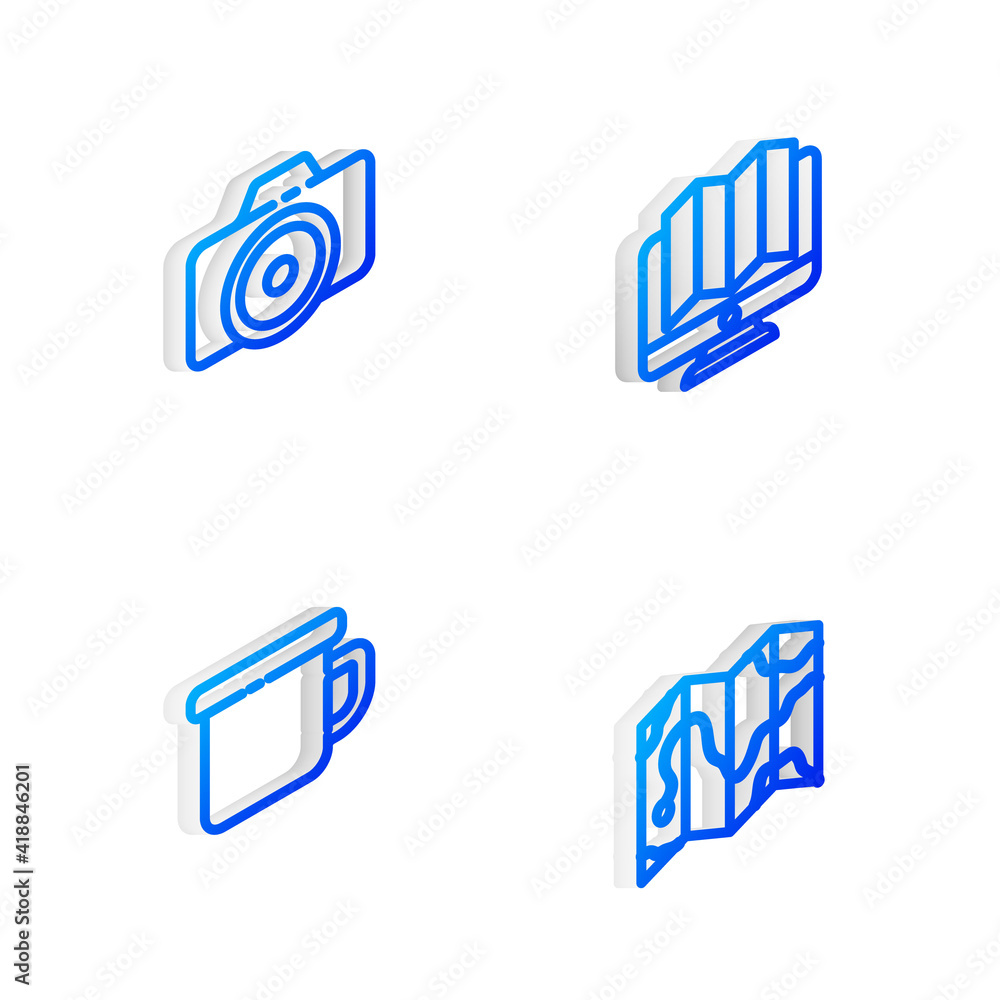 Set Isometric line Location of the forest in monitor, Photo camera, Camping metal mug and map icon. Vector. Set Isometric line Location of the forest in monitor, Photo camera, Camping metal mug and map icon. Vector.