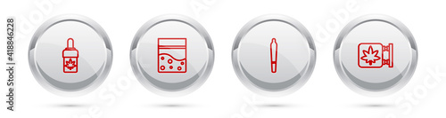 Set line Marijuana or cannabis olive oil, Plastic bag of, joint and and store. Silver circle button. Vector.