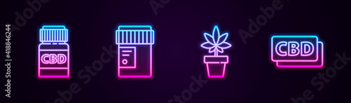 Set line Medical bottle with cannabis, , Marijuana or plant and Cannabis molecule. Glowing neon icon. Vector.