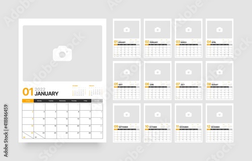 Wall or desk calendar template for 2022 with week start on Sunday. Planner diary with Place for Photo.