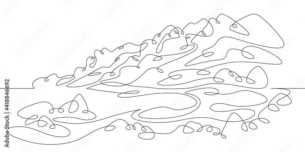 Coastal landscape. Rocks and mountains by the sea. Panoramic view of the coastline with the bay and trees. One continuous drawing line  logo single hand drawn art doodle isolated minimal illustration.