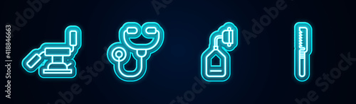 Set line Medical dental chair, Stethoscope, oxygen mask and saw. Glowing neon icon. Vector.