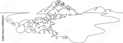 Coastal landscape. Rocks and mountains by the sea. Panoramic view of the coastline with the bay and trees. One continuous drawing line  logo single hand drawn art doodle isolated minimal illustration.