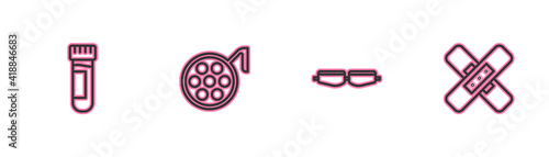 Set line Test tube with blood, Safety goggle glasses, Surgery lamp and Crossed bandage plaster icon. Vector.
