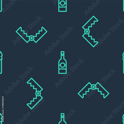 Set line Bottle of vodka, Trap hunting and Medieval spear on seamless pattern. Vector.