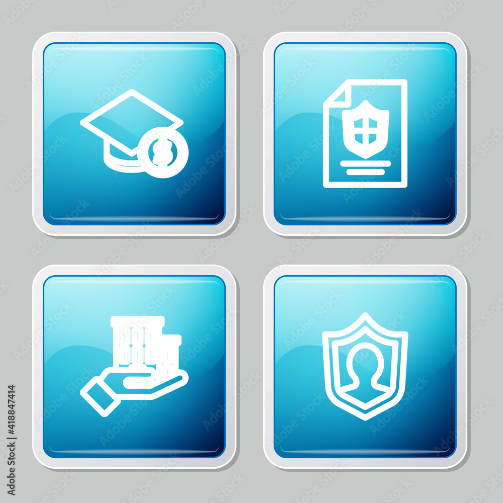 Set line Graduation cap and coin, Contract with shield, House insurance and Life icon. Vector. Set line Graduation cap and coin, Contract with shield, House insurance and Life icon. Vector.