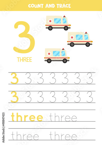 Tracing numbers worksheet with cartoon ambulance car.