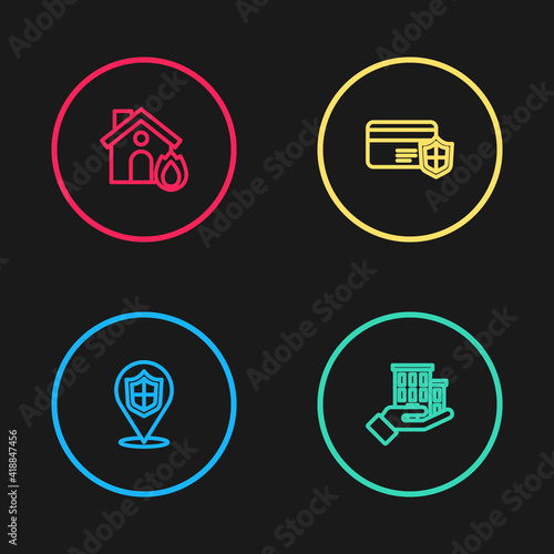 Set line Location shield, House insurance, Credit card with and Fire burning house icon. Vector.