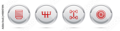 Set line Car air filter, Gear shifter, Chassis car and wheel. Silver circle button. Vector.