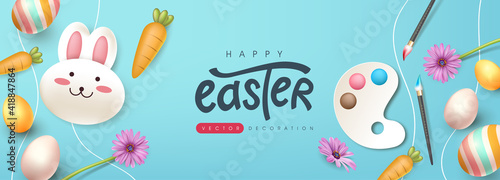 Easter greeting card background with cute rabbit and colored easter eggs. 