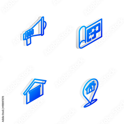 Set Isometric line House plan, Megaphone, Garage and Location with house icon. Vector. © vector_v