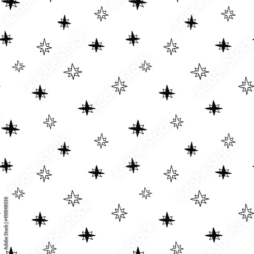 Star seamless pattern, black and white hand-drawn astral doodle digital paper, abstract stars repeating background, the monochrome stellar vector wallpaper, cute starry decorative element