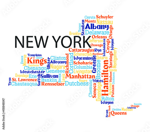 Word cloud map design includes all Counties, Cities, Municipalities in the state of New York. Four different types of fonts are grouped by different colors so they can be easily edited.