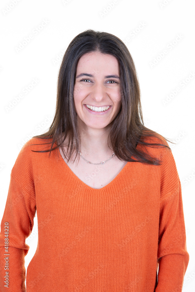 cute smiling young woman with dark long hair brown on white background cute smiling young woman with dark long hair brown on white background