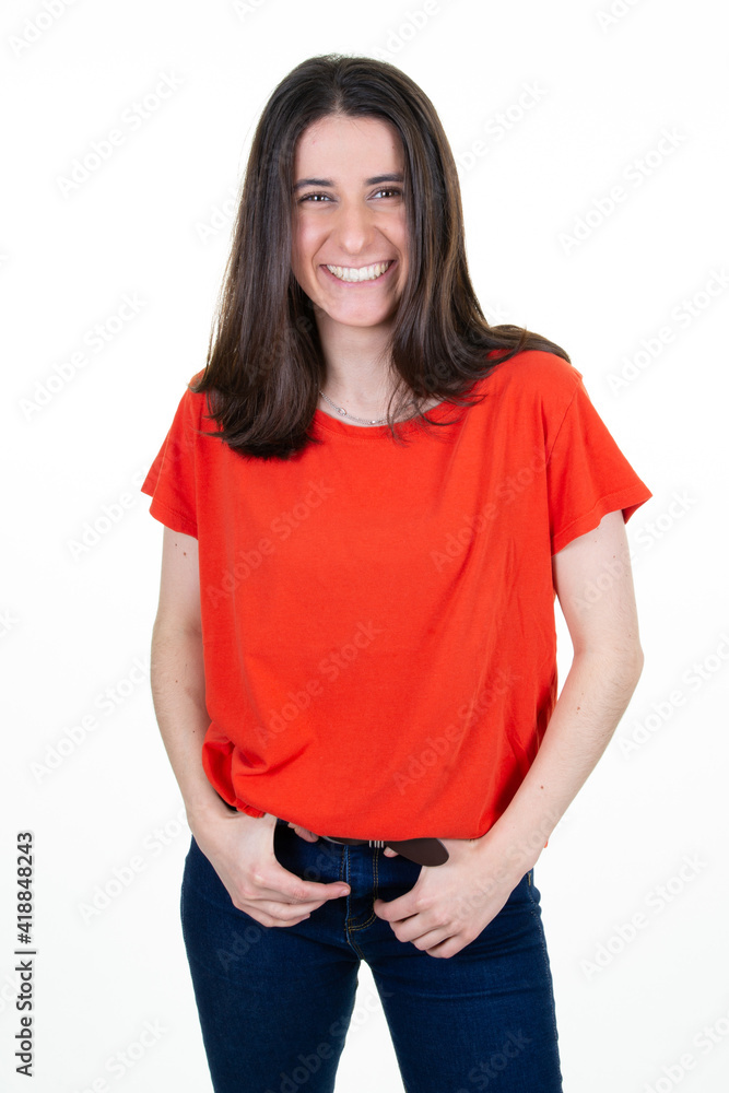 portrait slim young woman isolated on white background in jeans and red shirt student girl portrait slim young woman isolated on white background in jeans and red shirt student girl