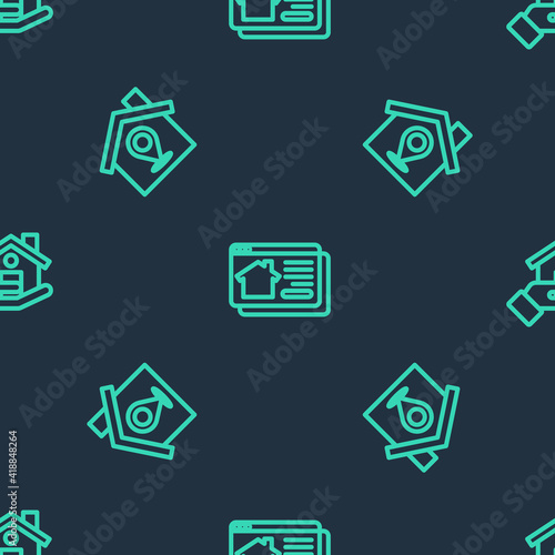 Set line Online real estate house, Location with and Realtor on seamless pattern. Vector.