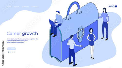 People and a briefcase.The concept of career growth, striving for new achievements.3d image.Isometric vector illustration.The landing page template.