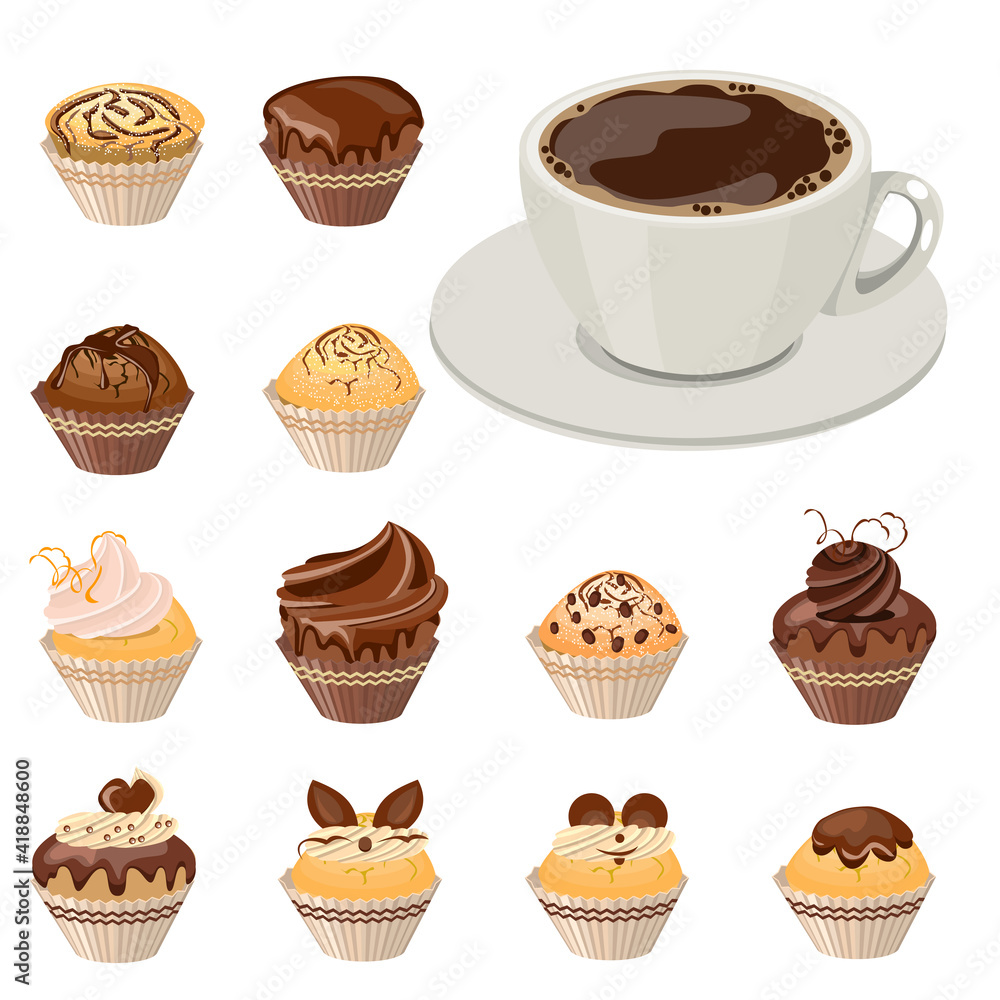 Set with different muffins and cup of black coffee. Objects isolated on white background. Illustration can be used for restaurants and cafe menu. Set with different muffins and cup of black coffee. Objects isolated on white background. Illustration can be used for restaurants and cafe menu.
