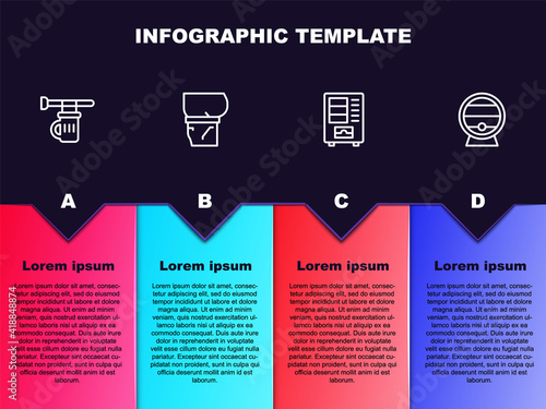 Set line Signboard with glass of beer, Beer belly, Vending machine and Wooden barrel on rack. Business infographic template. Vector.