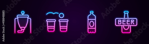 Set line Beer brewing process, pong game, Plastic beer bottle and . Glowing neon icon. Vector.