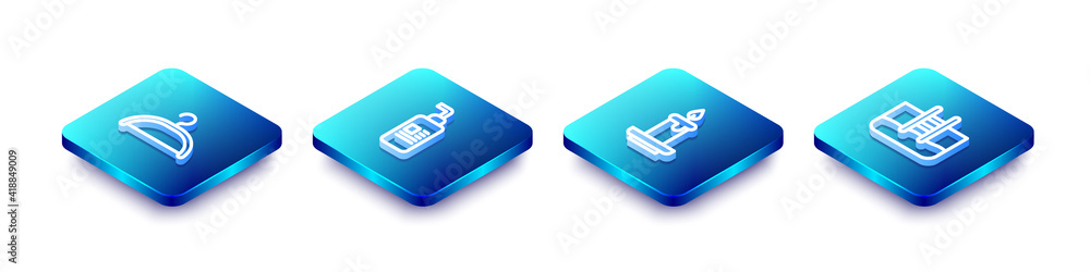 Set Isometric line Hanger wardrobe, Cream or lotion cosmetic tube, Aroma candle and Swimming pool with ladder icon. Vector. Set Isometric line Hanger wardrobe, Cream or lotion cosmetic tube, Aroma candle and Swimming pool with ladder icon. Vector.