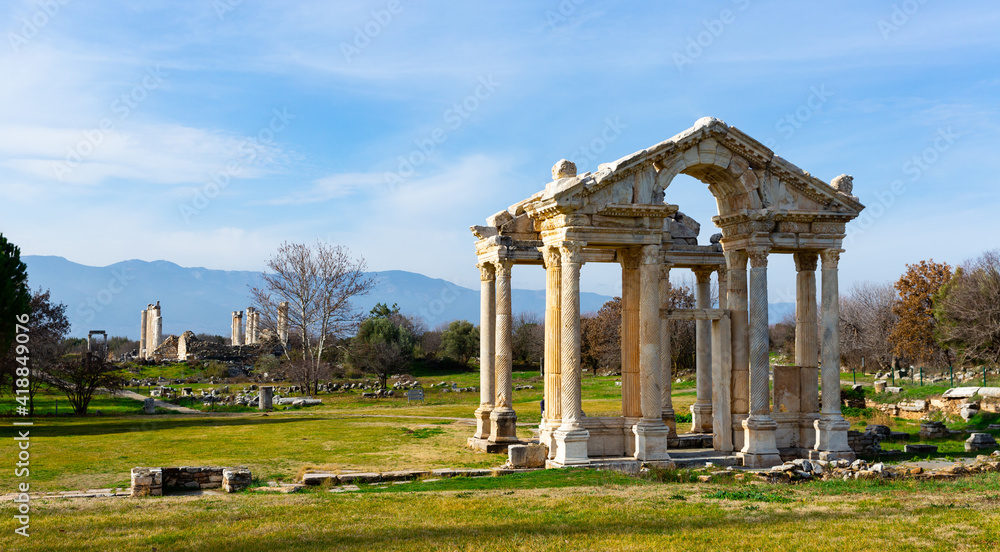 View of the ancient Tetrapylon in Aphrodisias, Turkey.