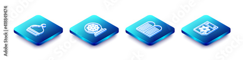 Set Isometric line Muslim Mosque, Dharma wheel, The commandments and Jewish calendar icon. Vector.