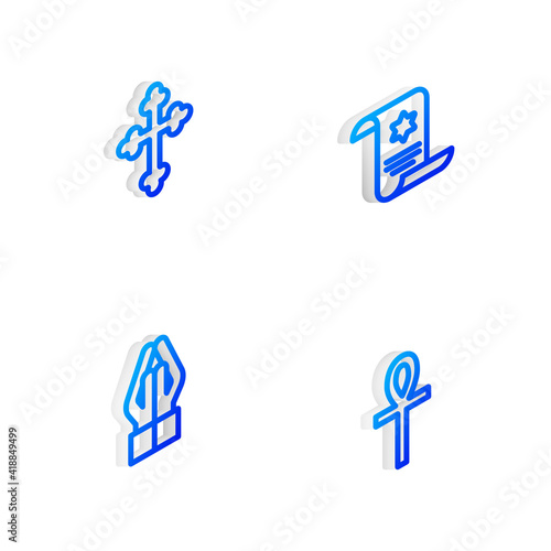 Set Isometric line Torah scroll, Christian cross, Hands in praying position and Cross ankh icon. Vector.