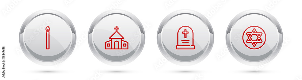 Set line Burning candle, Church building, Tombstone with cross and Star of David. Silver circle button. Vector. Set line Burning candle, Church building, Tombstone with cross and Star of David. Silver circle button. Vector.