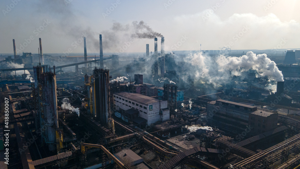 steel plant top view drone shooting industry smoke from chimneys
