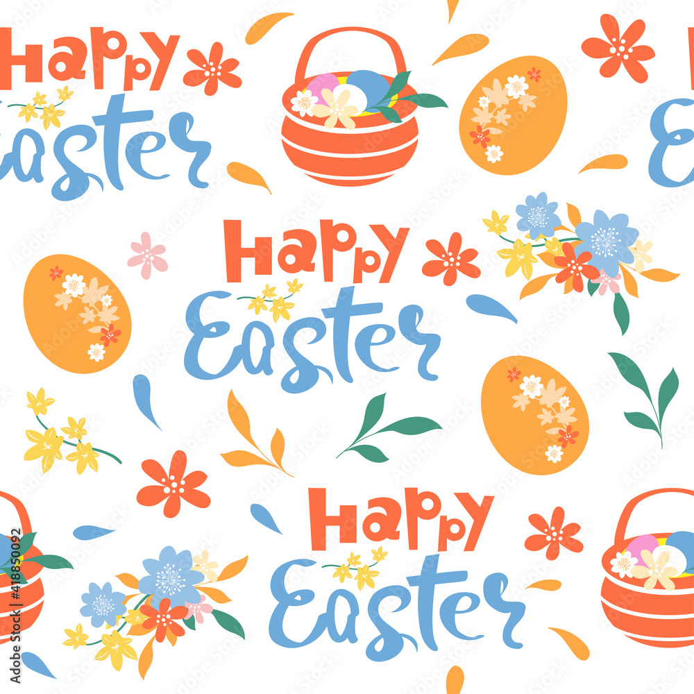 Naklejka premium Calligraphic lettering Happy Easter and easter eggs on a white background seamless pattern. Greeting card
