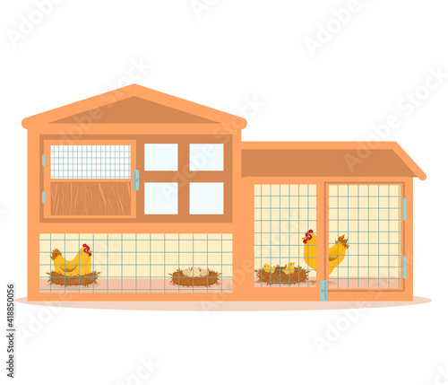 vector illustration of a wooden chicken coop with hens hatching eggs. Isolated on a white background