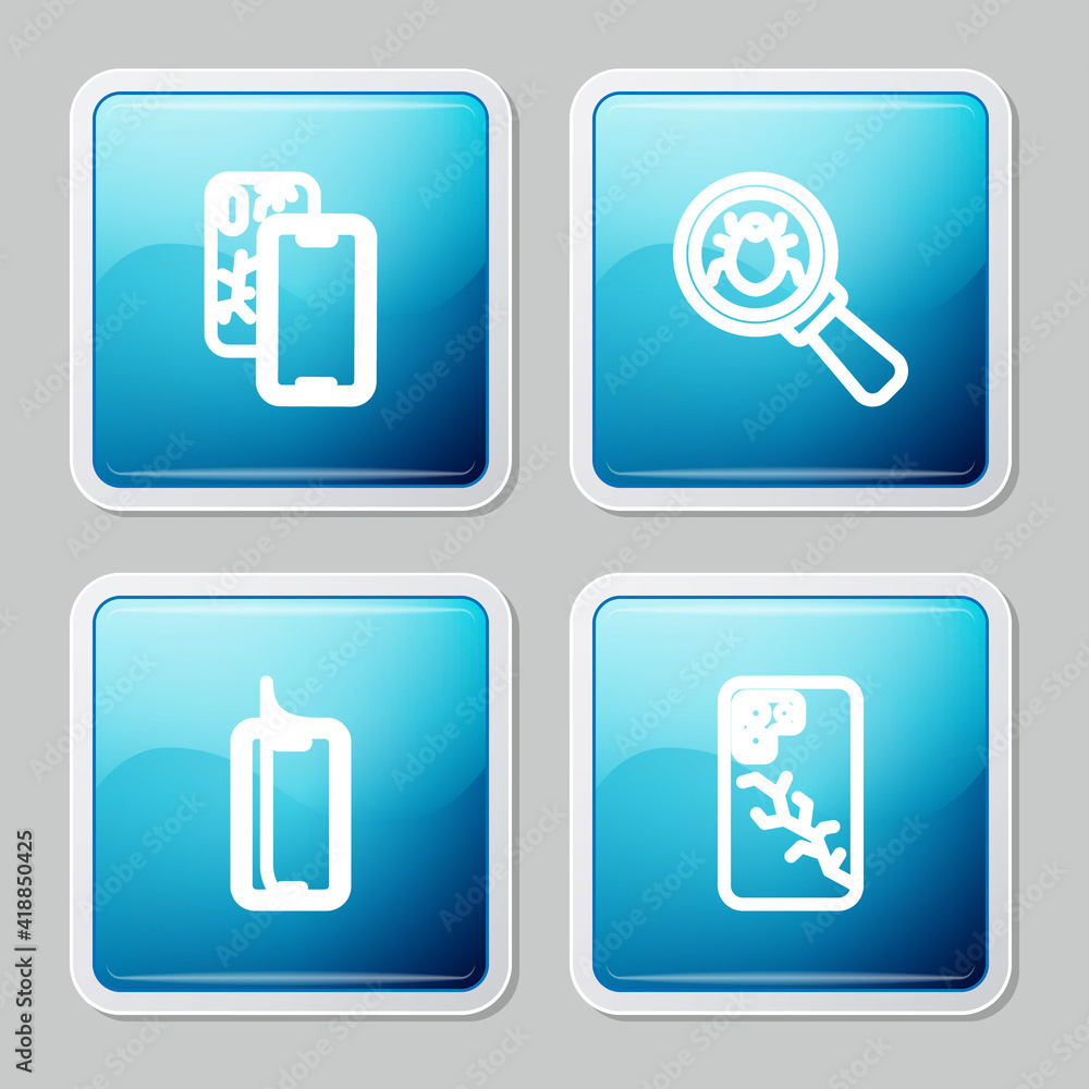 Set line Mobile with broken screen, System bug, Glass protector and icon. Vector. Set line Mobile with broken screen, System bug, Glass protector and icon. Vector.