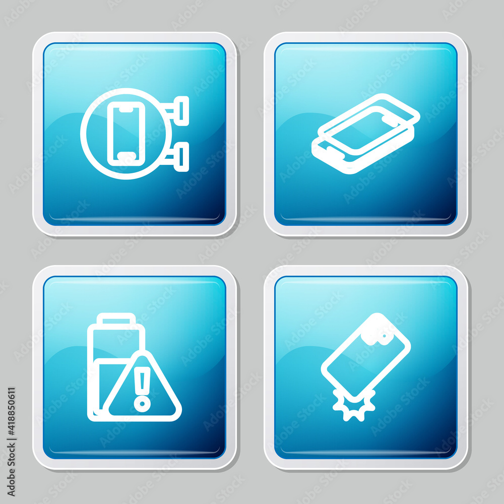 Set line Phone repair service, Glass screen protector, Smartphone battery charge and Shockproof icon. Vector. Set line Phone repair service, Glass screen protector, Smartphone battery charge and Shockproof icon. Vector.