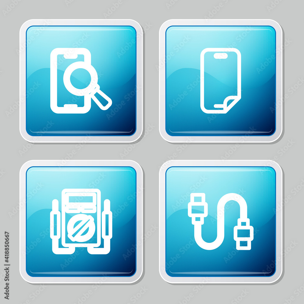 Set line Phone repair service, Glass screen protector, Multimeter and USB cable cord icon. Vector. Set line Phone repair service, Glass screen protector, Multimeter and USB cable cord icon. Vector.