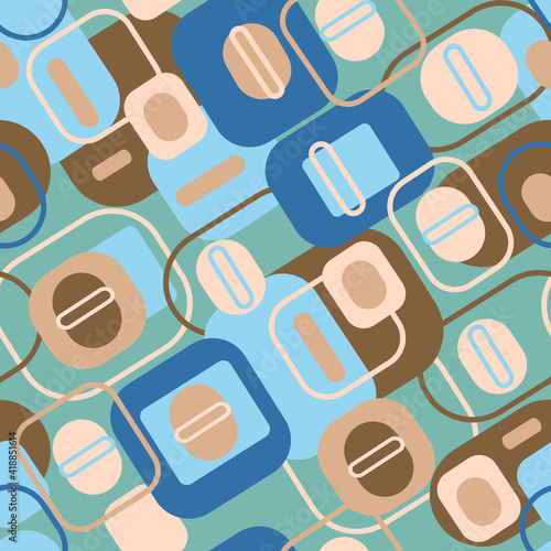 Abstract elements of a square and oval shape in blue and brown tones on a light blue background. Geometric seamless pattern. For textiles, wallpapers and backgrounds.