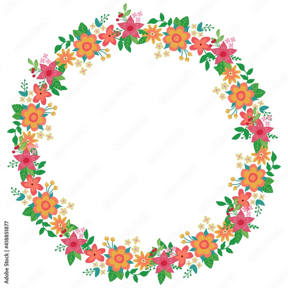 Easter wreath with cute flowers and leaves. White background, isolate. Vector illustration.	