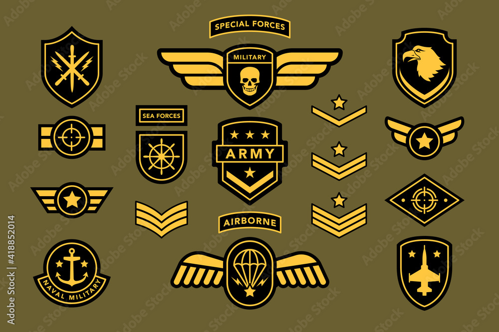 Special force army insignia uniform label, tag, stripe badge. Navy, airborne soldier military camouflage patch set with eagle, star, sword, shield, jet vector illustration isolated on white background