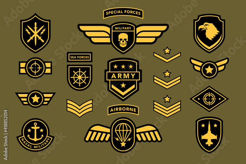 Special force army insignia uniform label, tag, stripe badge. Navy, airborne soldier military camouflage patch set with eagle, star, sword, shield, jet vector illustration isolated on white background
