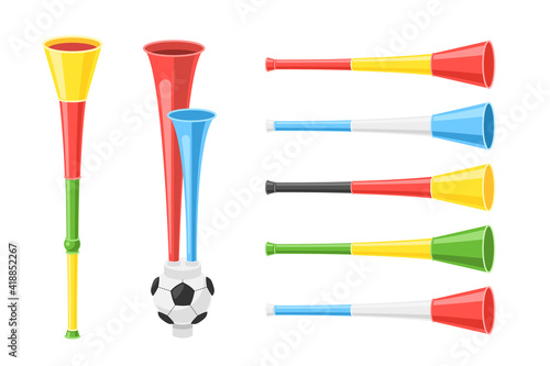 Football soccer fan trumpet for team invitation and support. Set of different musical loud cheering speaker, vuvuzela pipe, blowing tube vector illustration isolated on white background