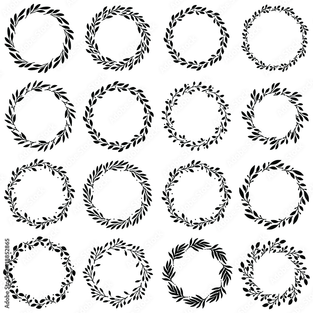 Set of 16 vector hand drawn spring wreaths isolated on white background. Silhouette circle of leaves. Doodle style.Collection of floral frames. Set of 16 vector hand drawn spring wreaths isolated on white background. Silhouette circle of leaves. Doodle style.Collection of floral frames.