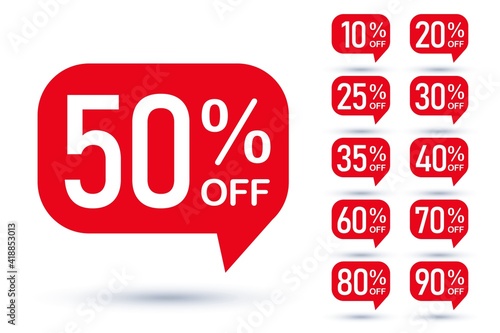 Sale tag speech bubble red shape with different discount set. 10, 20, 25, 30, 35, 40, 50, 60, 70, 80 and 90 percent price clearance sticker badge banner label vector illustration isolated on white