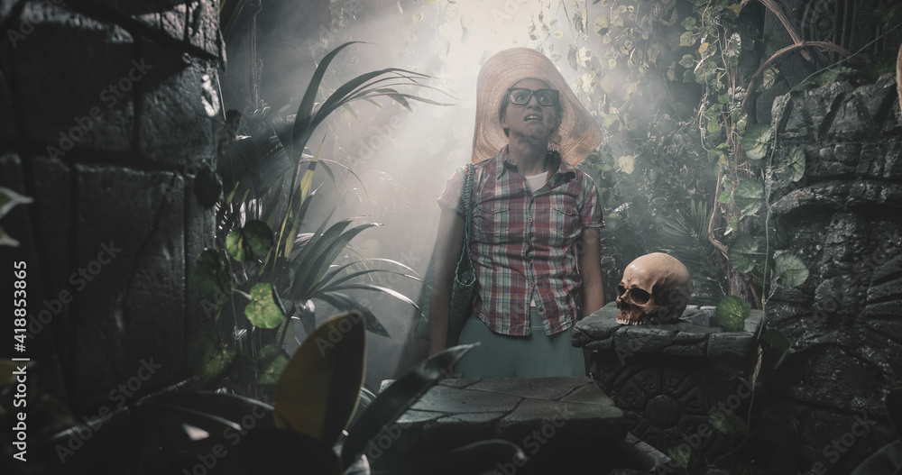 Scared tourist finding ancient ruins in the jungle Scared tourist finding ancient ruins in the jungle