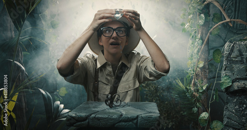 Explorer finding a precious treasure in the jungle