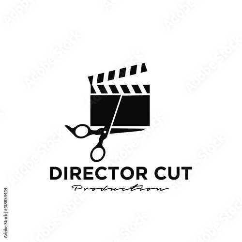Director Cut Behind the scene editing Studio Movie Video Cinema Cinematography Film Production concept scissor and clapperboard logo design vector icon illustration Isolated White Background