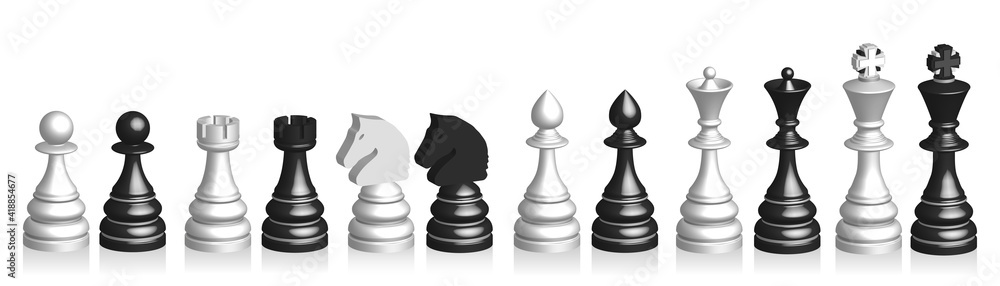 3d rendering black and white chess pieces pawn rook knight bishop