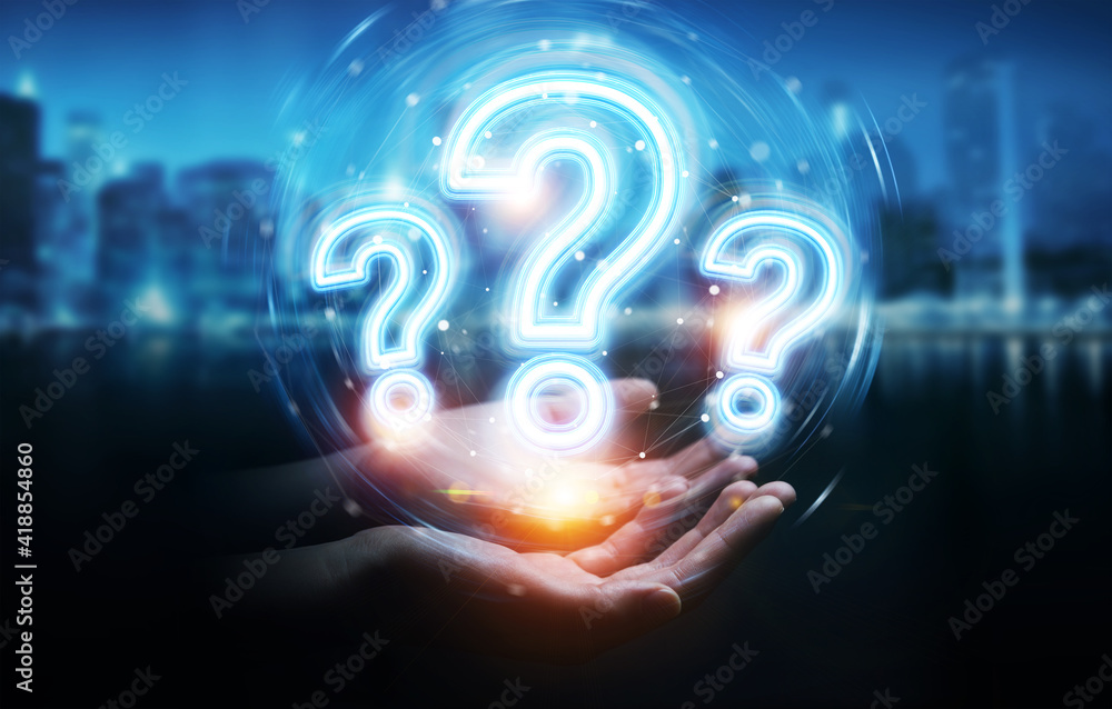Man hand using digital question marks holographic interface 3D rendering Man hand using digital question marks holographic interface 3D rendering